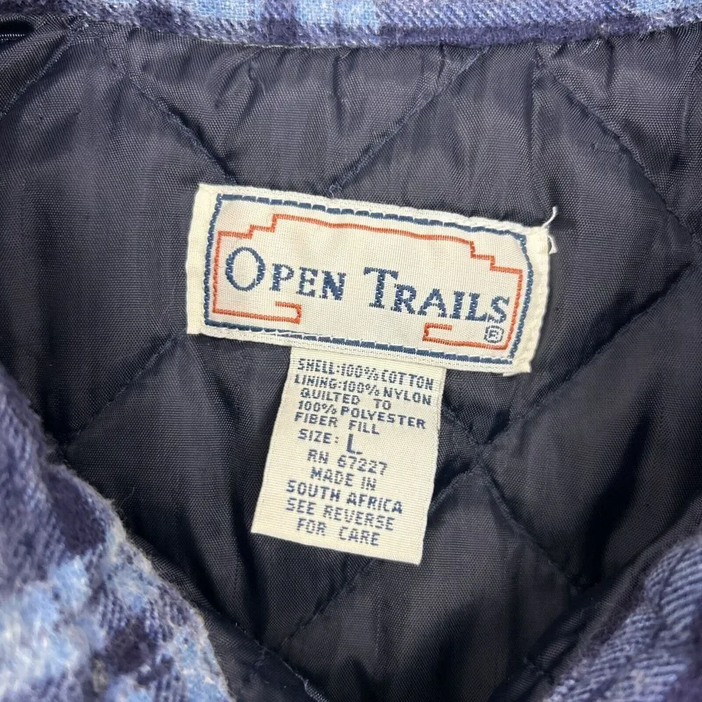 VTG Open Trails Shacket Men Large Blue Plaid Flannel‎ Shirt Jacket Long Sleeve